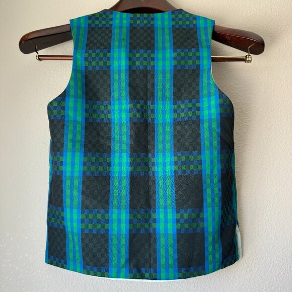Vintage Plaid Black Green Blue Button-Up Vest I Size XS/S - Picture 6 of 7